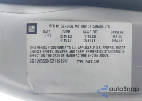 2002 Buick Regal Ls из США, поврежденный, VIN 2G4WB55K621191941